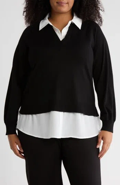 Adrianna Papell V-neck Twofer Sweater In Black