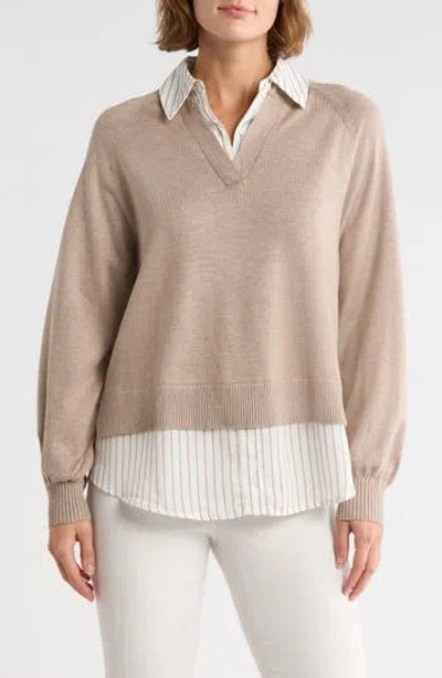 Adrianna Papell V-neck Twofer Sweater In Neutral