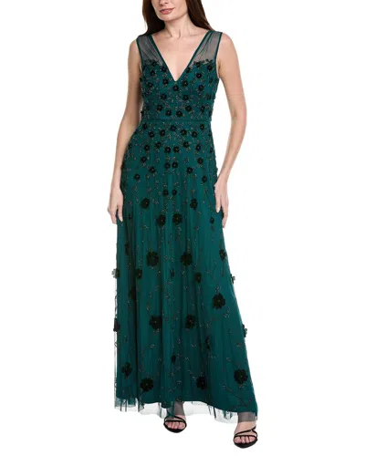 Adrianna Papell Velvet Floral Beaded Gown With Sheer Tank Straps In Gem Green
