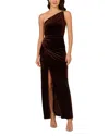 Adrianna Papell One-shoulder Velvet Column Gown In Dark Brown