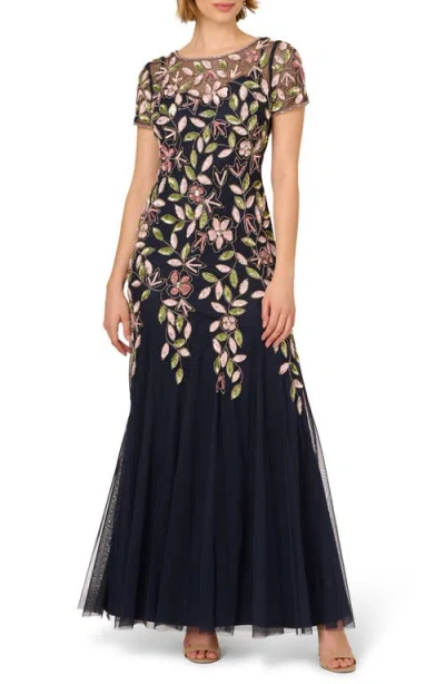 Adrianna Papell Vine Embellished Trumpet Gown In Multi