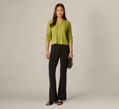 Adrianna Papell Waffle Knit Cardigan Sweater With Frayed Edges In Apple Green