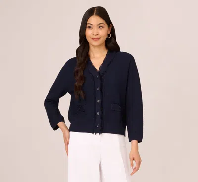 Adrianna Papell Waffle Knit Cardigan Sweater With Frayed Edges In Blue Moon