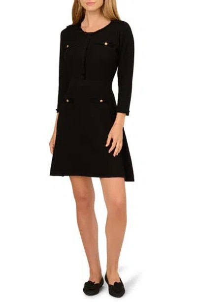 Adrianna Papell Waffle Knit Three-quarter Sleeve Minidress In Black