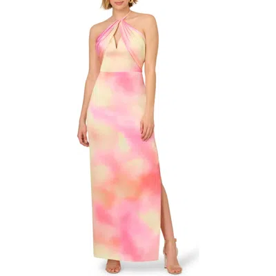 Adrianna Papell Watercolor Print Sateen Halter Dress In Pink Multi