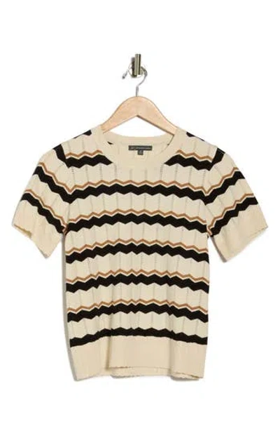 Adrianna Papell Wavy Stripe Pointelle Short Sleeve Sweater In Neutral