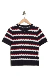 Adrianna Papell Wavy Stripe Pointelle Short Sleeve Sweater In Black