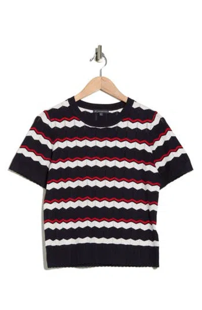 Adrianna Papell Wavy Stripe Pointelle Short Sleeve Sweater In Black