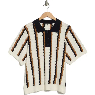 Adrianna Papell Open Knit Pointelle Scalloped Polo Sweater In Ivory Navy Camel In Multi