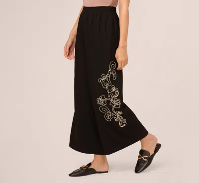 Adrianna Papell Wide Leg Floral Embroidered Pant In Black Cream