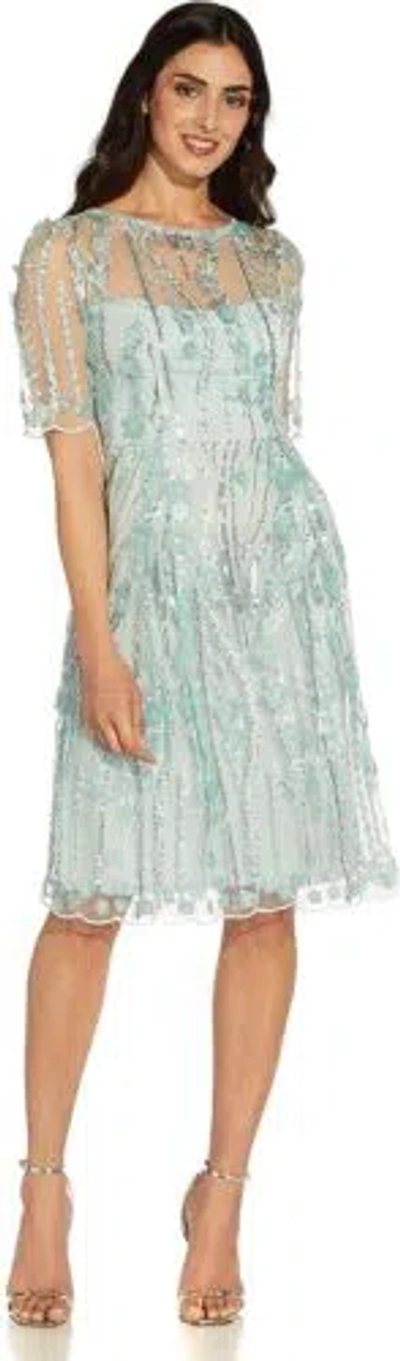 Pre-owned Adrianna Papell Women's 3d Floral Sequin Dress In Sea Glass