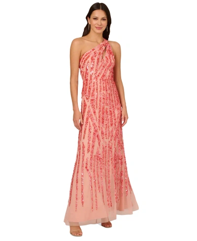 Adrianna Papell Women's Asymmetric-neck Beaded Gown In Coral