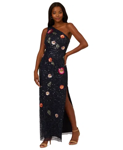Adrianna Papell Women's Asymmetric-neck Beaded Gown In Navy Multi