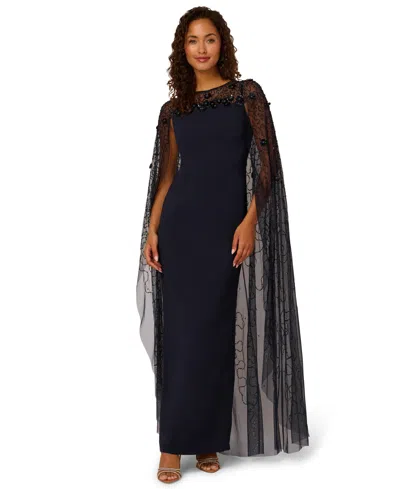 Adrianna Papell Women's Bead Cape Crepe Long Dress In Blue