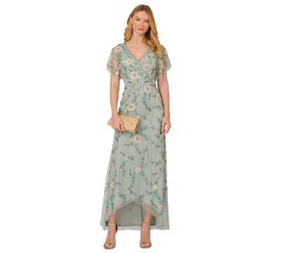 Adrianna Papell Women's Bead Flutter-sleeve Midi Mesh Dress In Aqua Dust