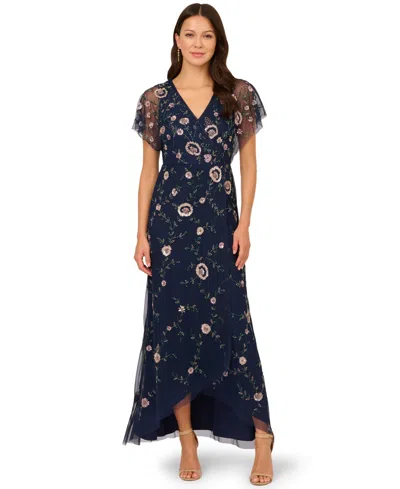 Adrianna Papell Women's Bead Flutter-sleeve Midi Mesh Dress In Blue