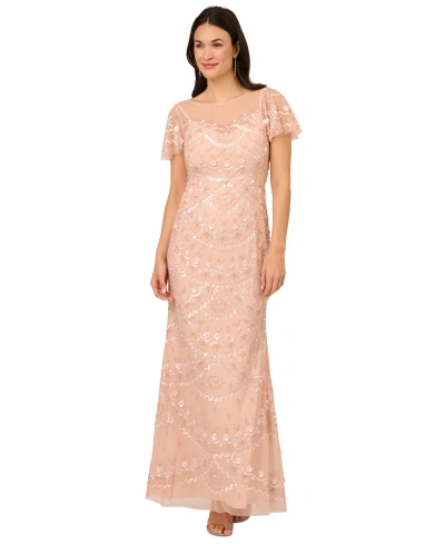Adrianna Papell Women's Bead Flutter-sleeve Sequin Gown In Blush