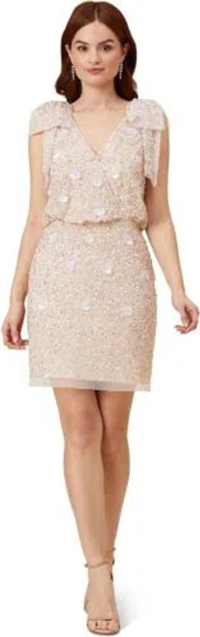 Pre-owned Adrianna Papell Women's Beaded Blouson Bow Dress In Ivory/blush