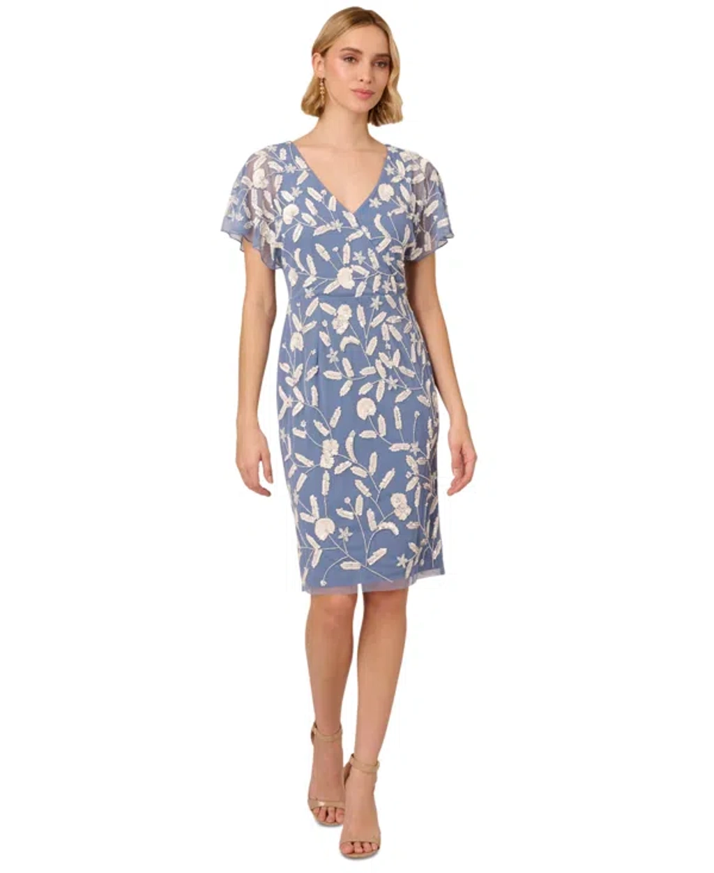 Adrianna Papell Women's Beaded Dolman-sleeve Sheath Mesh Dress In Blue  Ivory | ModeSens