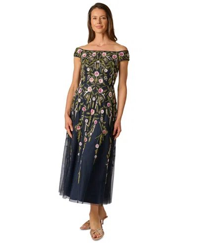 Adrianna Papell Off Shoulder Floral Beaded Ankle Length Dress In Navy Blush In Multi