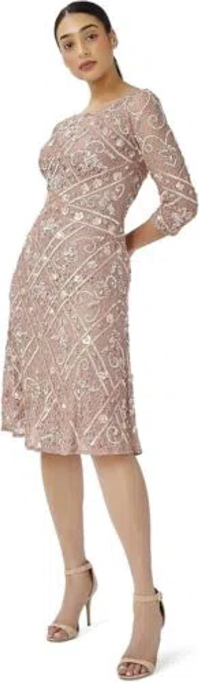 Pre-owned Adrianna Papell Women's Beaded Fit And Flare Dress In Rose Quartz