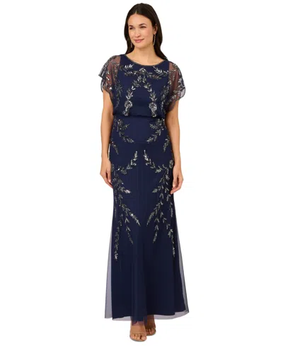 Adrianna Papell Women's Beaded Flutter-sleeve Blouson Gown In Navy,gunmetal