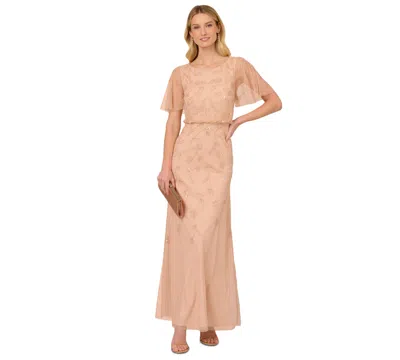 Adrianna Papell Women's Beaded Flutter-sleeve Gown In Blush