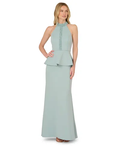 Adrianna Papell Sleeveless Pearly Halter Peplum Gown In Aqua Dust In Blue