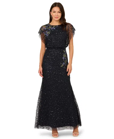 ADRIANNA PAPELL WOMEN'S BEADED LACE BLOUSON BOAT NECK DRESS