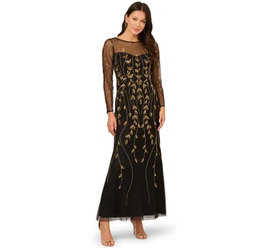 Adrianna Papell Beaded Mesh Dress In Black