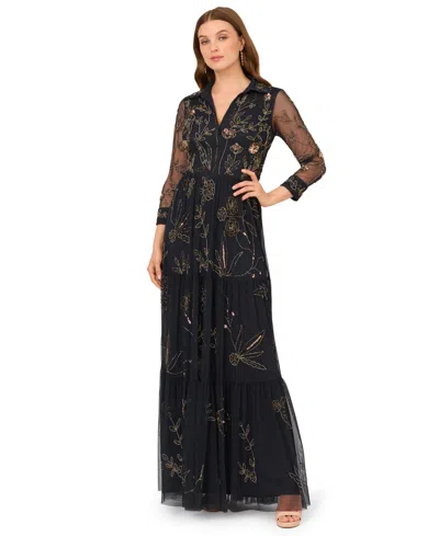 Adrianna Papell Women's Beaded Long Sleeve Maxi Dress In Animal Print