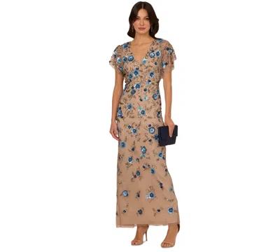 Adrianna Papell Women's Beaded Mesh Column Dress In Mercury,nude