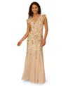 Adrianna Papell Beaded Mesh Flutter Sleeve Dress In Light Champagne