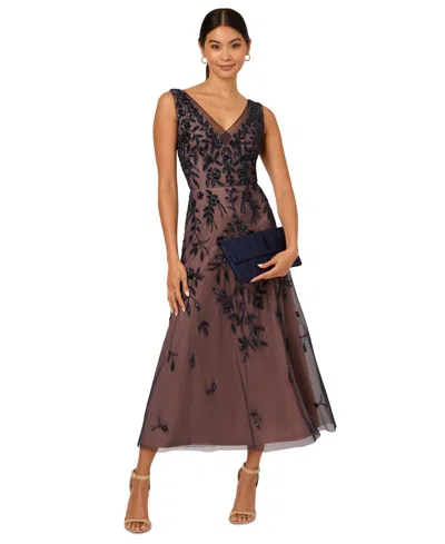 Adrianna Papell Beaded Mesh Sheath Cocktail Dress In Navy,rosegold