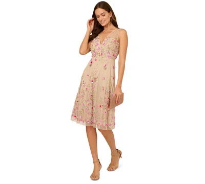 Adrianna Papell Women's Beaded Mesh Midi Dress In Biscotti Multi