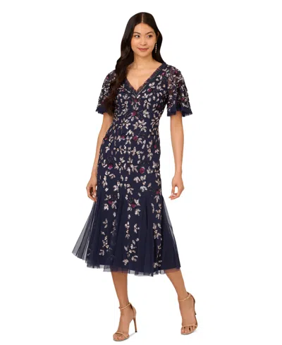 Adrianna Papell Women's Beaded Mesh Midi Dress In Light Navy
