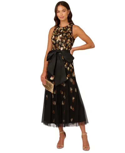 Adrianna Papell Women's Beaded Mesh Sleeveless Godet Gown In Black,gold