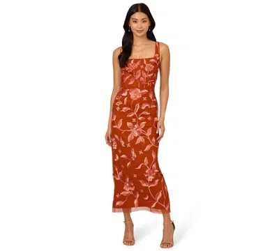 Adrianna Papell Women's Beaded Mesh Slim Column Dress In Brown