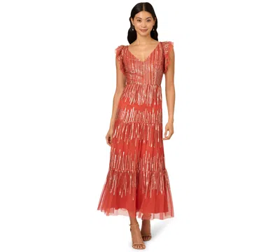 Adrianna Papell Women's Beaded Mesh Tiered Midi Dress In Red