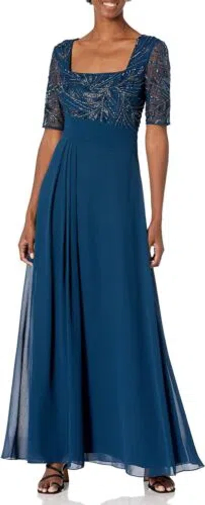 Pre-owned Adrianna Papell Women's Beaded Mesh With Chiffon Skirt In Deep Blue