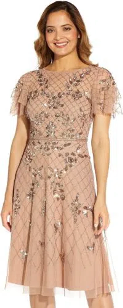 Pre-owned Adrianna Papell Women's Beaded Midi Dress, Rose Gold, 6 In Pink