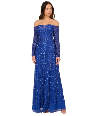 Adrianna Papell Women's Beaded Off-the-shoulder Ball Gown In Brilliant Sapphire