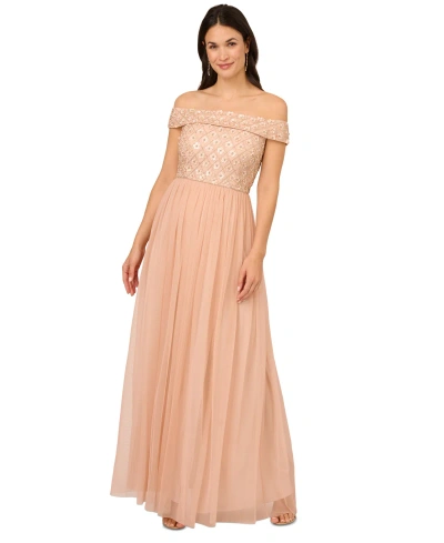 Adrianna Papell Women's Beaded Off-the-shoulder Gown In Blush