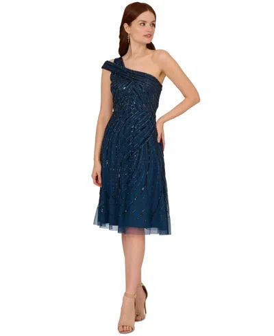 Adrianna Papell Women's Beaded One-shoulder Dress In Deep Blue