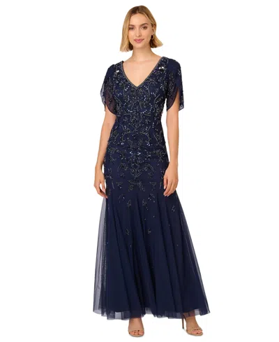 Adrianna Papell Women's Beaded Petal-sleeve Mermaid Gown In Light Navy