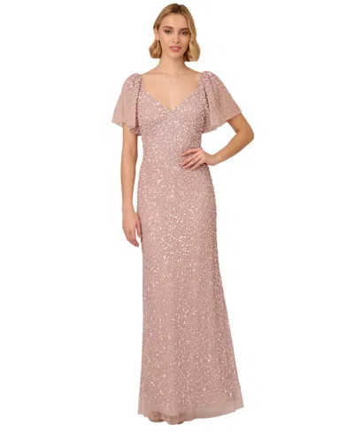 Adrianna Papell Beaded Sequin Mesh Gown In Cameo
