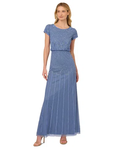 Adrianna Papell Women's Beaded Short-sleeve Sheer-overlay Gown In French Blue