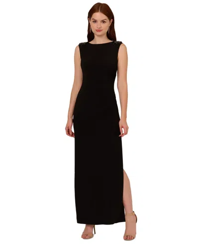 Adrianna Papell Women's Beaded-shoulder Sleeveless Gown In Black