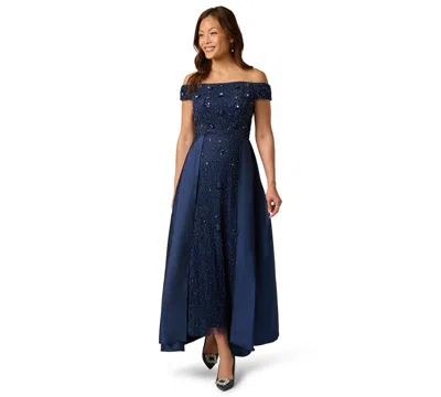 Adrianna Papell Off Shoulder Taffeta Overlay Beaded Gown In Light Navy In Blue