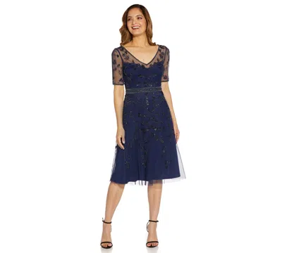Adrianna Papell Women's Beaded V-neck Midi Dress In Blue